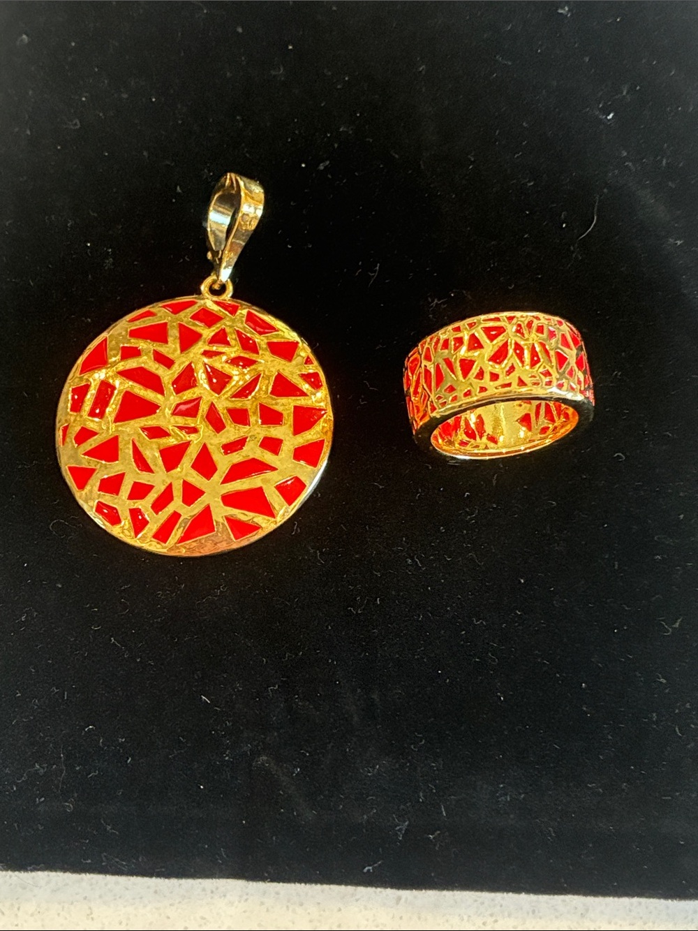 Gold Red Mosaic Pendant and Ring Set